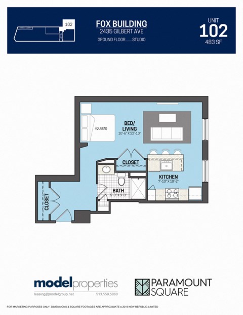 Floor plan for studio, 1 bath, 483 sqft